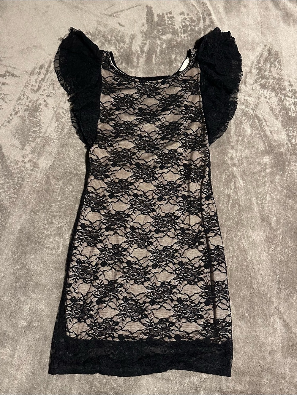 Lush Black Cocktail Lace Flutter Sleeve Dress with Nude Lining
